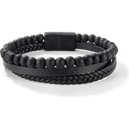 Multi-Layer Beaided Leather Mens Bracelet Stainless Steel Magntic Clasp Wristband Frosted Stone Bracelets for Men
