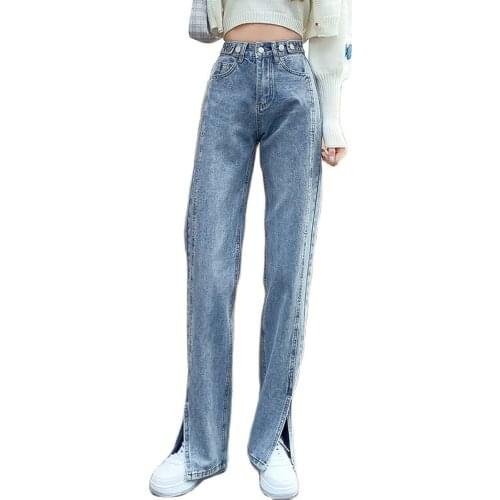 Fashion womens jeans 2021 spring and summer new split jeans high-waisted wide-leg pants straight loose and thin trousers