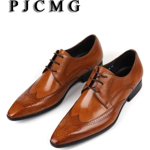 PJCMG New Breathable Mens Business Lace-Up Black/Red/Brown Pointed Toe Dress Genuine Leather Wedding Oxfords Office Shoes