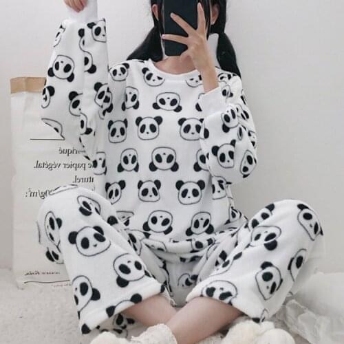 Pajama Set Women 2020 Winter New Thick Warm Cute Panda Pattern White Long-sleeved Home Wear Pajamas Sleepwear