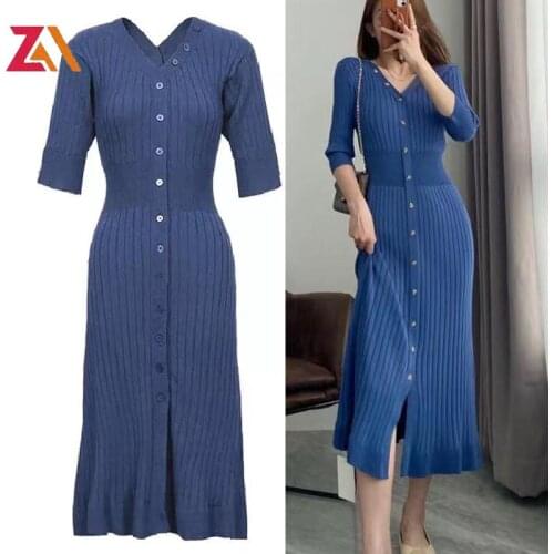ZALady Fashion Korean Knitting Midi Dress Summer Autumn Solid Single-breasted Bodycon Basic Office Style Dresses Women Vestidos