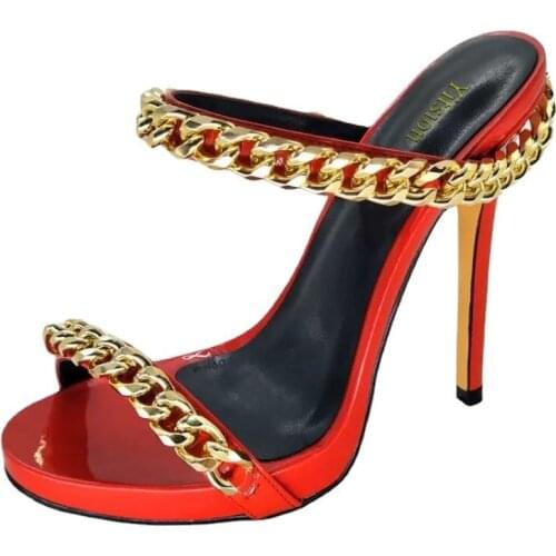 Large Size Square Head Women Sandals Sexy Super High Heel Stiletto Metal Women High Heels Sandals Chain Strap