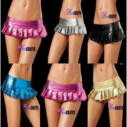 Blue,Black,Gold,Silver,Rose Red 5 Colors Sexy Luminous Miniskirt Women Metallic Faux Leather Pleated Mini Skirt Free Shipping