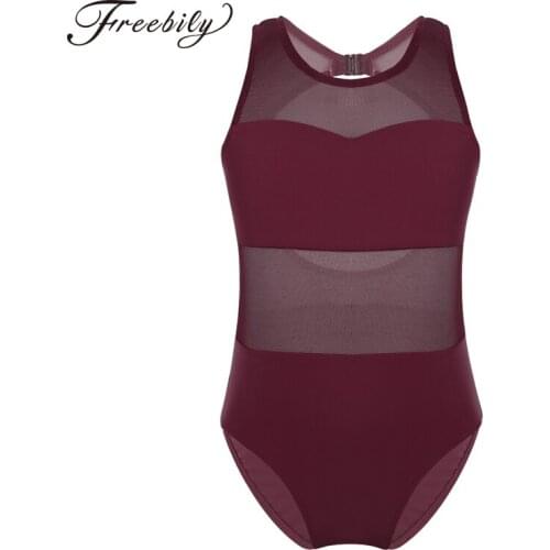 Kids Teens Dancewear Sleeveless Mesh Splice Cutout Back Professional Ballet Gymnastics Leotards for Girls Dance Costume