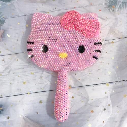 Sparkling Hand Mirrors with Handle Diamond Portable Shiny Decorative Mirror Pink Kitty Cat Bling Kawaii Makeup Mirror Home Decor