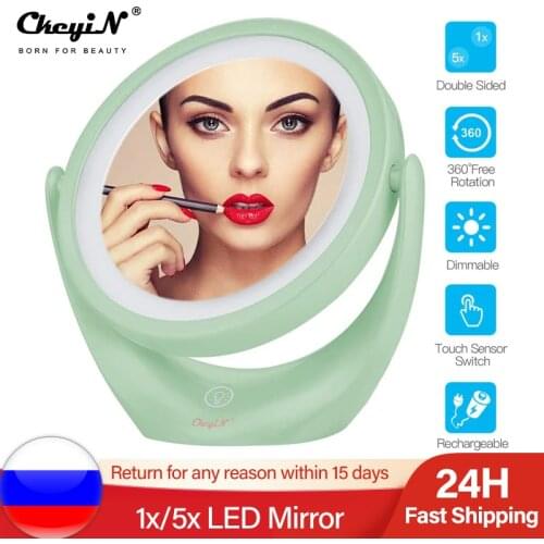 USB Rechargeable Makeup Light Mirror Double-Sided Mirror 1x/5x Magnification Cosmetic Mirror 360 Degree Swivel Vanity Mirror