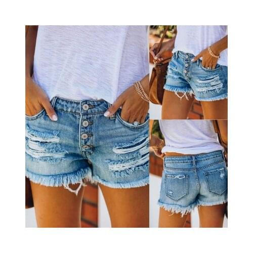 Women Summer Shorts Fashion Ripped Hole Tassel Button Denim Shorts Ladies Casual Jeans Shorts