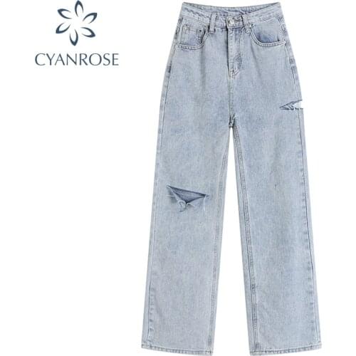 Womens High Waist Baggy Jeans Side Ripped Hole Design Straight Long Pant 2021 Summer Harajuku Casual Denim Trousers Streetwear