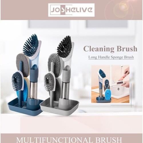 4 In 1 Replaceable Cleaning Brush Scrubber Dish Sponge Tableware Cleaning Brush Liquid Dispenser Kitchen Cleaning Set