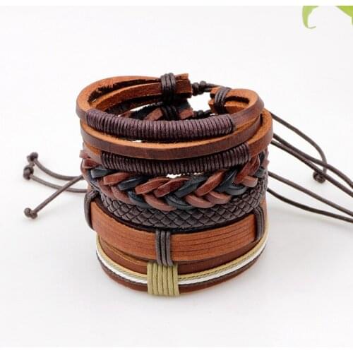 5pcs/set Boho Gypsy Hippie Punk Brown Macrame Leather Beige Cord Wrap Knot Layers Stacked Adjustable Bracelets Set for Man