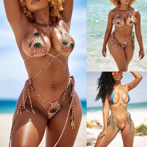 Women Brazilian Micro Bikini Summer Split Swimwear Set Hanging Neck Lace Up Sexy Backless Bandage Swimsuit Bathing Suit