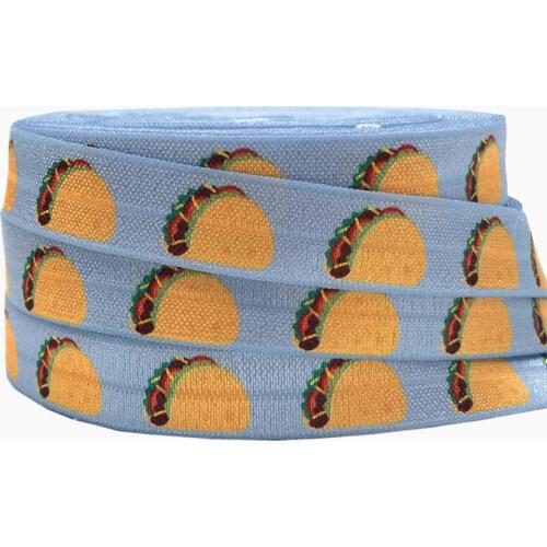 10yards 16mm Food Tacos Print fold over elastic Blue FOE Webbing DIY Hair Ties and Headbands Sewing Accessories