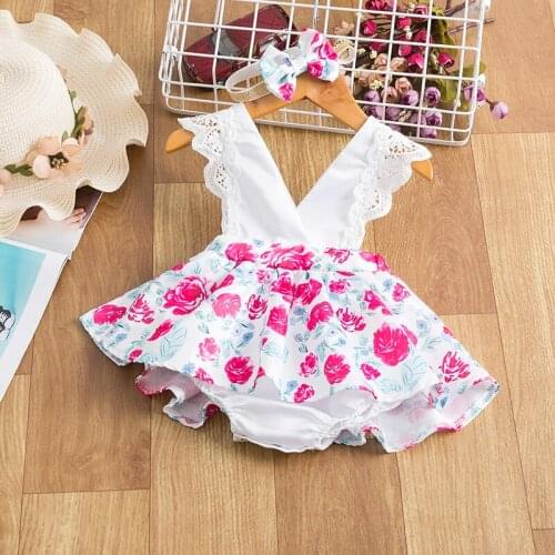 Flower Print Baby Girl Romper Lace Vest Jumpsuits+Floral Dress+Headband 3pcs Clothing Set Infant Girls Petal Sleeves Outfits