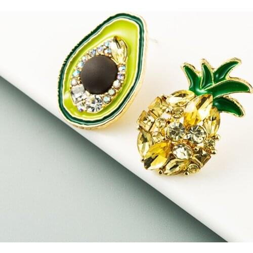 Origin Summer Pineapple Avocado Asymmetric Drop Earrings for Women Girl Gold Alloy Shiny Rhinestones Dangle Earrings Jewelry