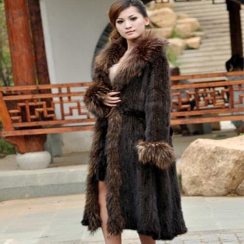 Winter Womens Genuine Knitted Mink Fur Coat Raccoon Fur Collar Lady Trench Overcoat Outerwear VF0358