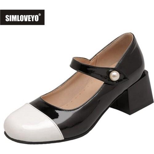SIMLOVEYO 2021 Leisure Cap Round Toe Pumps Mary Janes Pearl Mixed Color Hook Loop 5.5cm Chunky Heel Size 32-46 Black White A4191