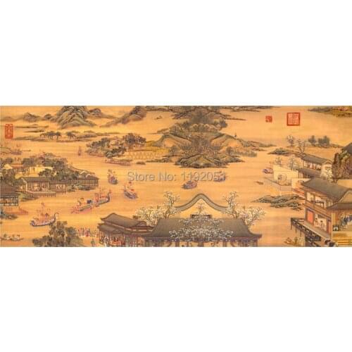 Dragon boat competition Ming dynasty Qiuying masterpiece reproduction traditional Chinese style oil painting scenery