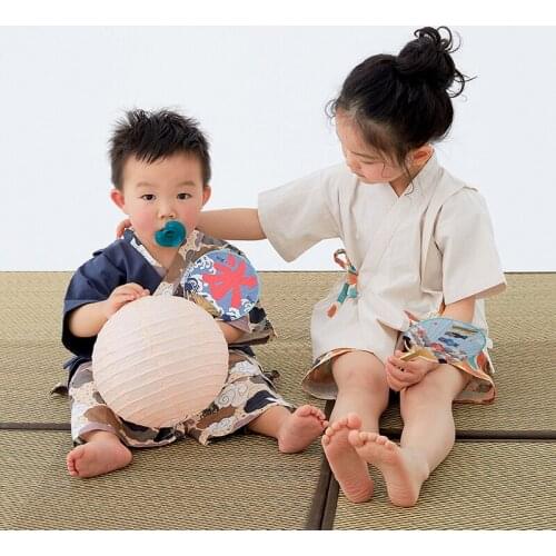 Japanese ChildrenS Short-Sleeved Yukata Pajamas Two-Piece Sleepwear Baby Cartoon Stitching Pure Cotton And Linen Kimono LB839