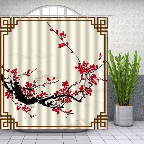 Flowers Shower Curtains Red Flower Tree Birds Hand Painted landscape Bathroom Decor Waterproof Cloth Curtain Set Cheap