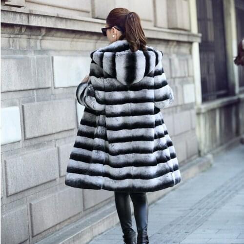 New Hoodie Blue gray Totoro Real Rabbit fur Long section coat Female overcoat