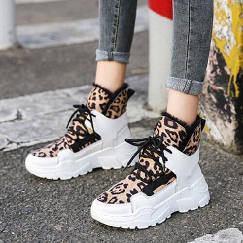 Woman Shoes Leopard Leather Warm Plush Winter High Top Ladies Shoes Lace-up Chunky Platform Sneakers Suede Thick Bottom Sneakers