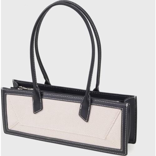 FIRMRANCH Retro Fashion Eco Canvas Patchwork Genuine Leather Rectangular Design Elegant Womens Shoulder Underarm Bag Baguette