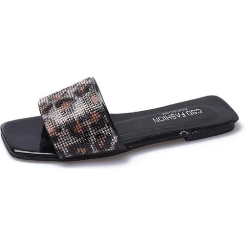 Plus Size Rhinestone Leopard Women Slippers Sandals Shoes Antiskid Flat Sole Slippers Woman Design Sandals Slides Beach Shoes