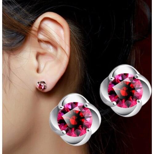 100% 925 sterling silver high quality red crystal rose flower ladies`stud earrings jewelry Anti allergy drop shipping female