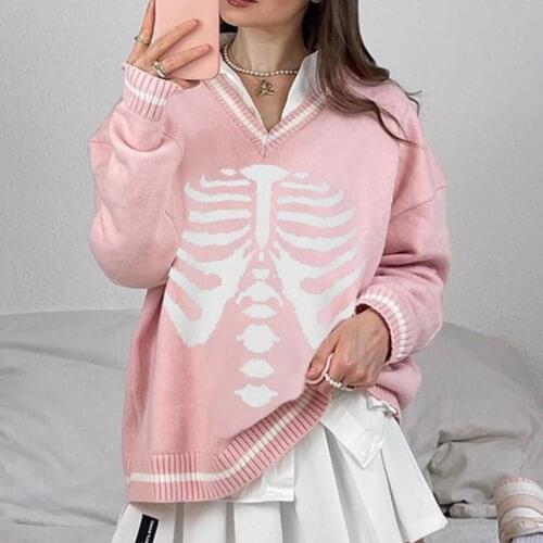 Skull Print Knitted Loose Womens Sweater Pullover Autumn Causal V-neck Long Sleeve Female Jumpers Sweaters Fashion Knitwear New