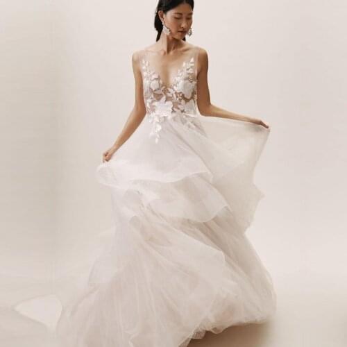 Vestido De Novia Sleeveless A Line Wedding Dresses Sexy V Neck Simple Wedding Gowns Lace Appliques Bridal Dress Custom Made