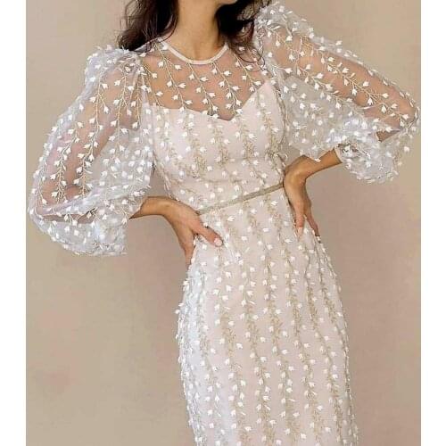 Women Long Sleeves Party Dress Elegant White Fairy Crew Neck Sheer Mesh Stunning Charming Lace Girls New Women Sheath Dress Mid