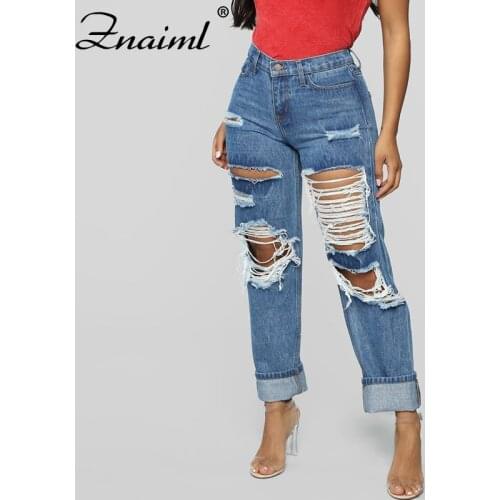 Znaiml Sexy Women Jeans With Hole Pocket Streetwear Mid Waist Elastic Jean Trouser Woman Wash Distressed Blue Denim Pants