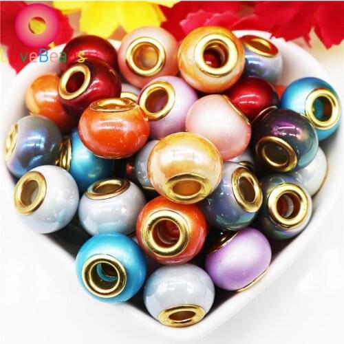10 Pcs Mixed Color Gold Core Round Pearl Murano Glass Spacer Beads Large Hole Fit Pandora Charms Bracelet Necklace Chain Jewelry