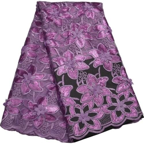 5yards/pc) high quality liliac purple African sequins tulle lace fabric appliqued with 3D flowers and beads for dress FLP143