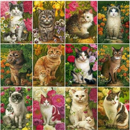 Huacan 5D Diamond Painting New Arrivals Cat Flower Diamond Mosaic Embroidery Animals Picture Of Rhinestones Home Decoration