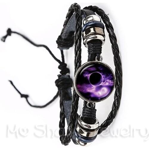 Purple Galaxy Nebula Bracelet Space Jewelry Planets Colorful Galaxy Star Spcace Women Men Black/Brown Leather Bangle Gift