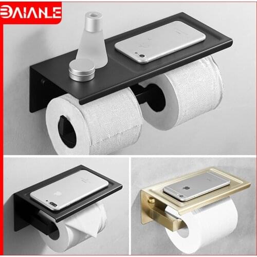 Toilet Paper Holder Black with Shelf Bathroom Paper Towel Holder Stainless Steel Creative Double Roll Paper Holder Wall Mounted
