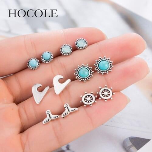 HOCOLE 6 Pairs/Set New Vintage Silver Color Round Blue Stone Stud Earrings For Women Geometric Earring Set Boho Punk Jewelry