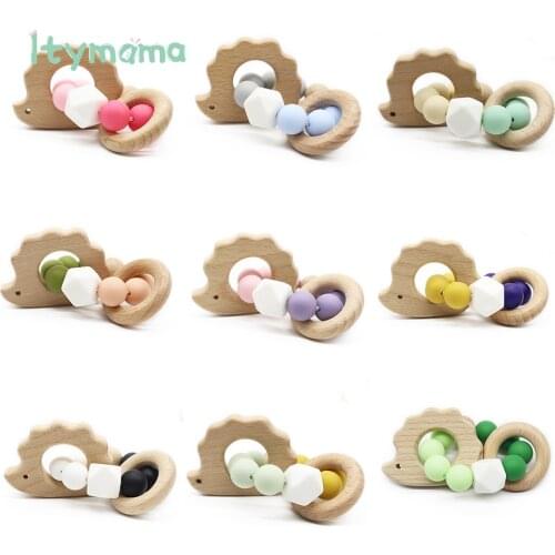 Itymama Hedgehog Shape Wooden Teether Bracelet Silicone Beads Rattle Infant Teething Toys Newborn Baby Toys Gifts Baby Teether
