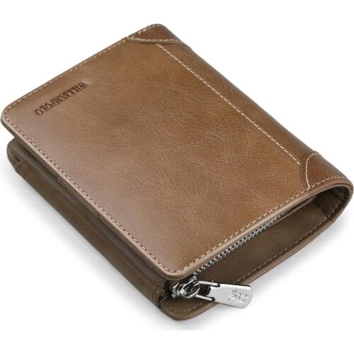 WilliamPOLO Wallets Men Short Trifold Genuine Leather Soft Slim Mini Small Zipper Multi Cards Holder Plain Litchi Grain Purse