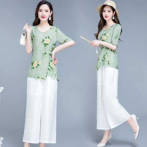 Moeroshe summer Two Piece Set Women Casual Tracksuits Print suit T shirt And wide leg Pants Loose suit femme plus size 5XL sets