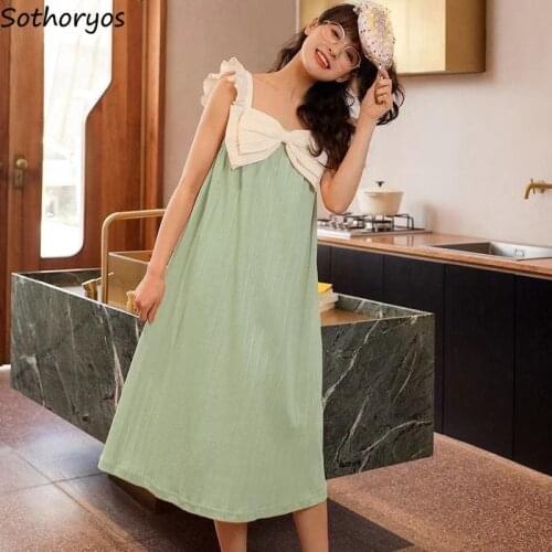 Women Lovely Nightgowns Bow Patchwork Sweet Girls Cozy Leisure Teenagers Sleepshirts Hipster Sleeveless Females Lounge Hot Chic