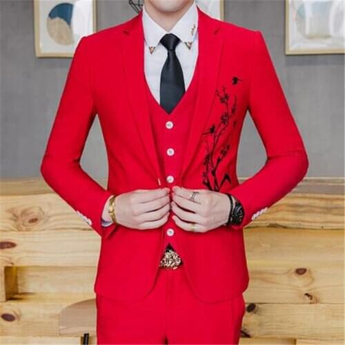 Custom Made New Arrival Red With Embroidery Groom Men Suit Tuxedos Groomsmen Mens Wedding Prom Suits (Jacket+Pants+Vest+Tie)