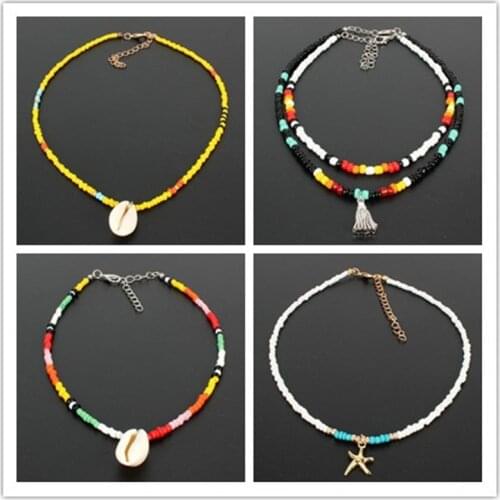 Bohemian Fashion Shell Pendant Green Rhinestone Beaded Necklaces Chokers Charm Long Statement Collar Women Summer Jewelry gift