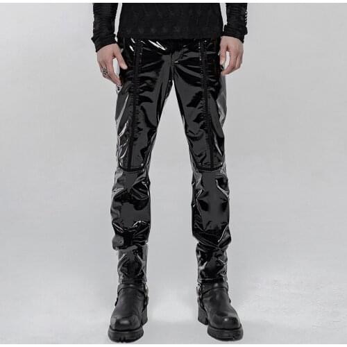 PUNKRAVE New Mens Punk Mechanical Patent Pu Leather Long Pants Daily Casual Fitted Black Pencil Trousers