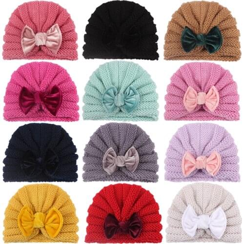 Fashion Infant Toddler Golden Velvet Bowknots Caps Soft Solid Color Knitted Baby Girl Turban Hat Hair Accessories Birthday Gifts