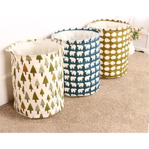 Zakka Bear Pattern Cotton&Linen Laundry Bag With Grip Pouch Canvas Storage Bag For Toys Storage Bag Bucket Dirty Cloth Barrel