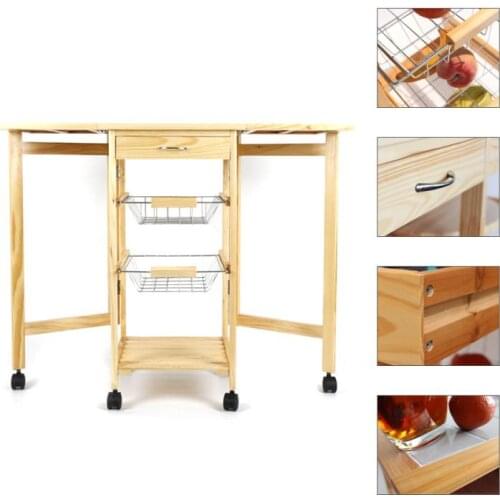 Oversea Stock!!!3 Tier Foldable Wooden Trolley Multi Use Kitchen Shelf Vegetable Fruit Snack Food Storage Rack For Bathroom HWC