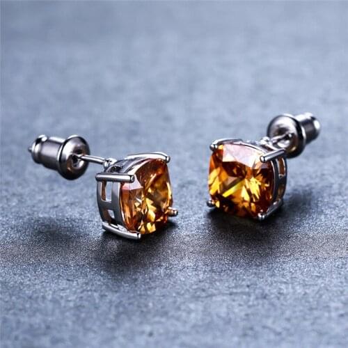 Vintage Boho Silver Color Earrings Luxury Crystal Square Stone Earrings Champagne Zircon Stud Earrings For Women Wedding Jewelry