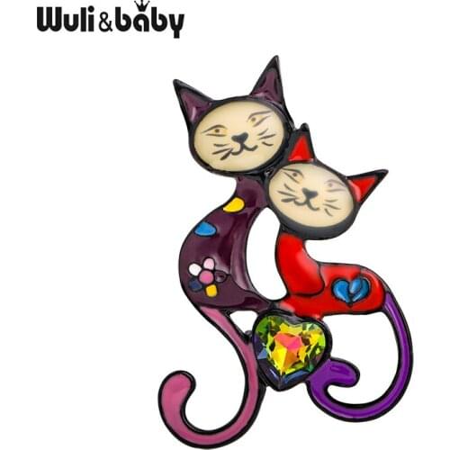 Wuli&baby Cute 2 Cats Brooches 4-color Flower Enamel Pets Animal Party Casual Brooch Pins For Women Gifts